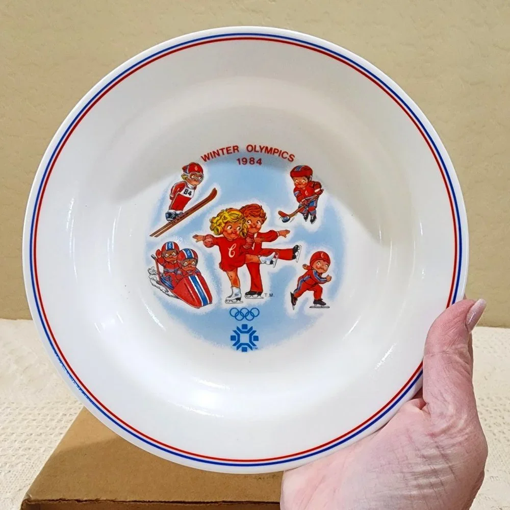 1984 NIB Corelle CAMPBELL'S KIDS Rim Soup Bowl - Winter Olympics in Sarajevo